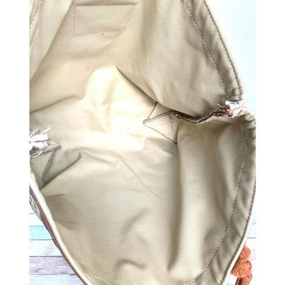 XL RAINIER CLUB BEIGE TAPESTRY BROWN GENUINE LEATHER HANDBAG TOTE SHOULDER BAG - Picture 11 of 11